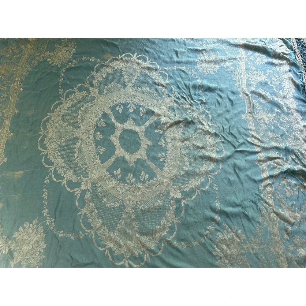 Vintage Blue Silk Cotton Blend Damask Bedspread Macrame Fringe Tassel Coverlet - Picture 4 of 10